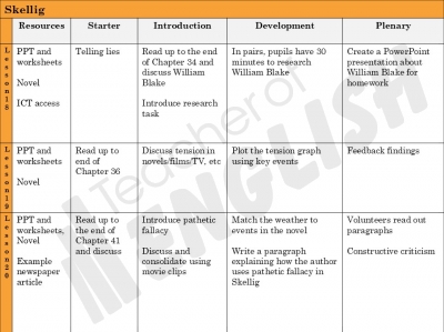 Skellig - Unit of Work teaching resources unit of work